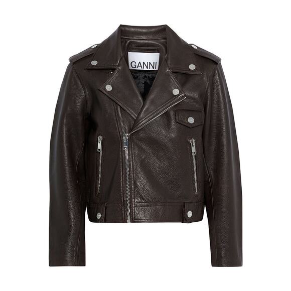 Ganni Jackets & Blazers - Ganni 'Cropped' Brown Leather Pebbled-Leather Biker Jacket Size 38